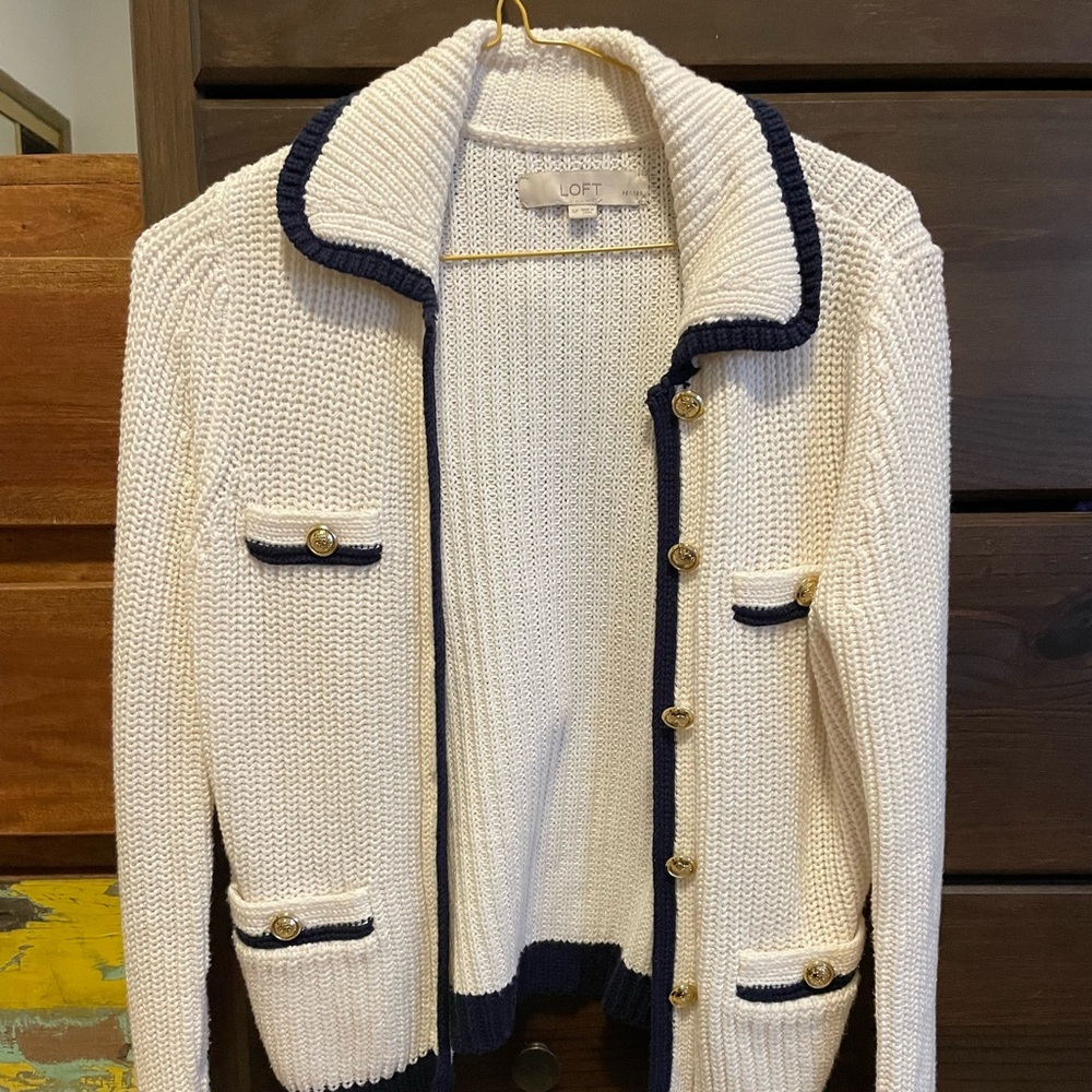 LOFT Cream Cardigan with Navy Trim